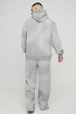 Outlet boohooMAN Tall Oversized Embroidered Spray Wash Wide Fit Boxer Jogger Tracksuit grey