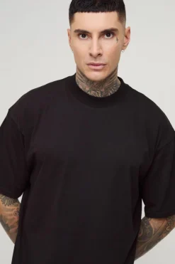 Shop boohooMAN Tall Oversized Extended Neck Basic T-Shirt black