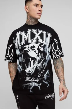 Cheap boohooMAN Tall Oversized Extended Neck MXII Large Scale Print T-Shirt black