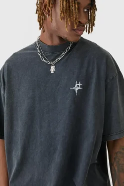 Cheap boohooMAN Tall Oversized Extended Neck Acid Wash Print T-shirt charcoal