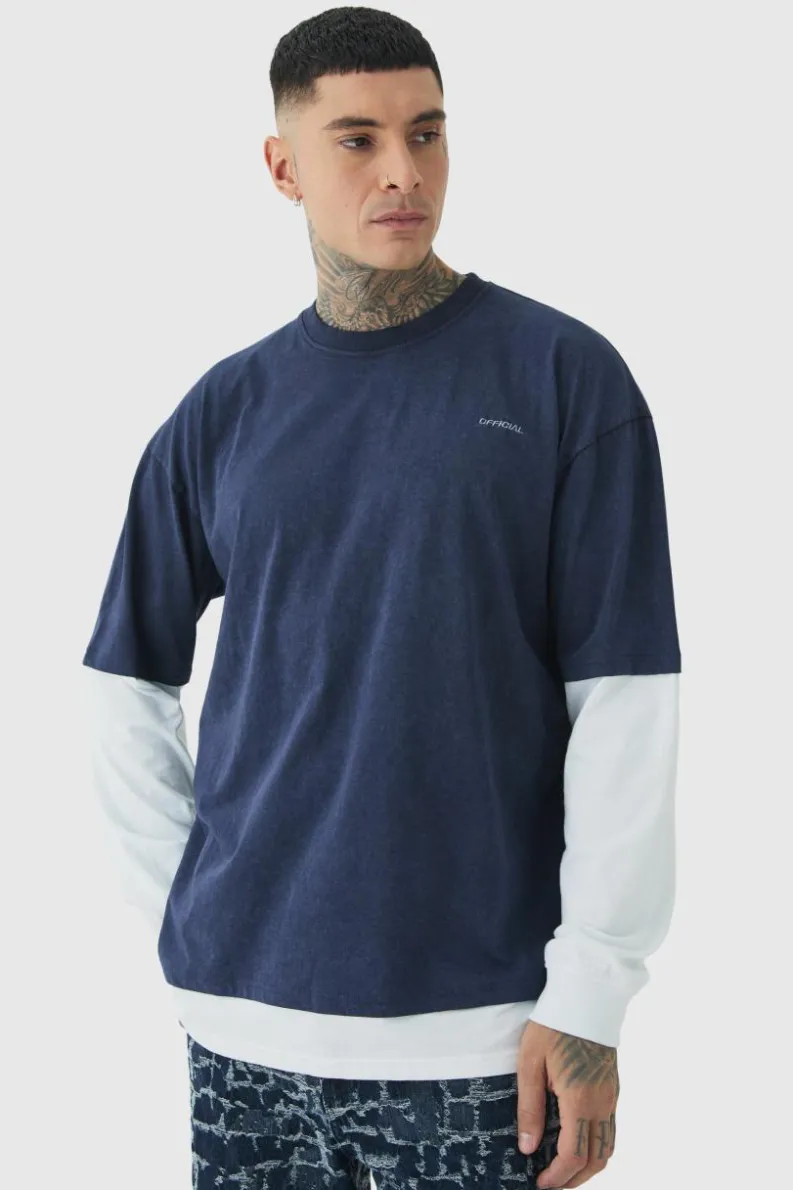 Fashion boohooMAN Tall Oversized Faux Long Sleeve Acid Wash T-Shirt charcoal