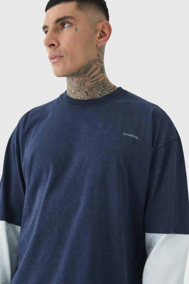 Fashion boohooMAN Tall Oversized Faux Long Sleeve Acid Wash T-Shirt charcoal