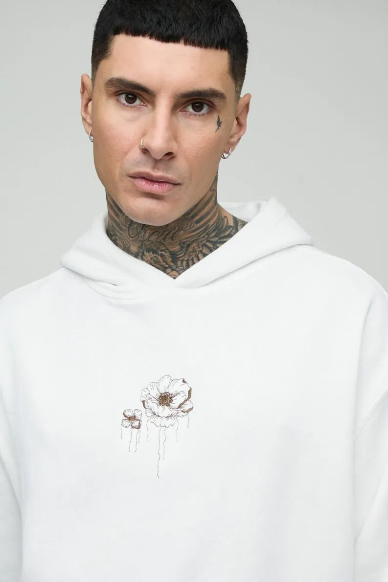 Discount boohooMAN Tall Oversized Floral Embroidered Hoodie white