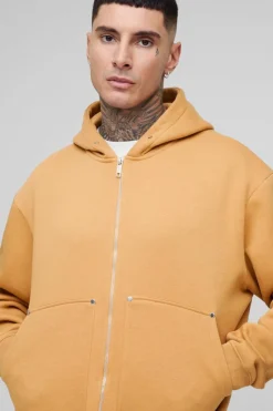 Cheap boohooMAN Tall Oversized Heavyweight Boxy Zip Thru Carpenter Hoodie taupe