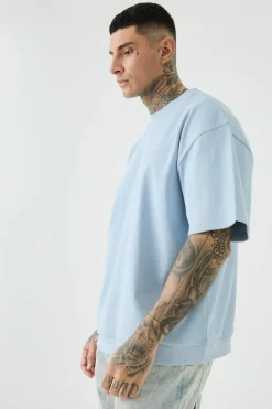 Best boohooMAN Tall Oversized Heavyweight Ribbed Short Sleeve Sweatshirt sky blue
