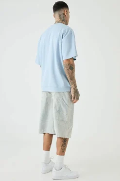 Best boohooMAN Tall Oversized Heavyweight Ribbed Short Sleeve Sweatshirt sky blue