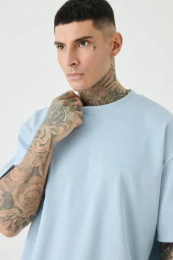 Best boohooMAN Tall Oversized Heavyweight Ribbed Short Sleeve Sweatshirt sky blue