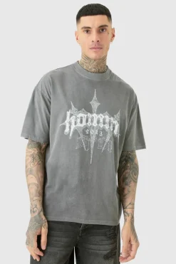 Fashion boohooMAN Tall Oversized Homme Cross T-shirt In grey