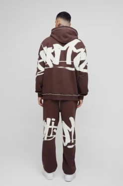 Best Sale boohooMAN Tall Oversized Man Graffiti Rope Drawcord Hooded Tracksuit chocolate