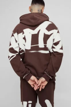 Best Sale boohooMAN Tall Oversized Man Graffiti Rope Drawcord Hooded Tracksuit chocolate