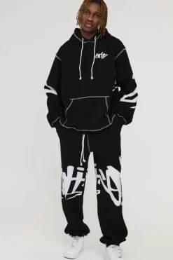 Cheap boohooMAN Tall Oversized Man Graffiti Rope Drawcord Hooded Tracksuit black