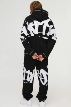 Cheap boohooMAN Tall Oversized Man Graffiti Rope Drawcord Hooded Tracksuit black
