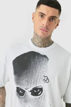 Shop boohooMAN Tall Oversized Mono Balaclava Print T-shirt In white