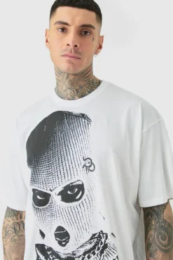 Shop boohooMAN Tall Oversized Mono Balaclava Print T-shirt In white