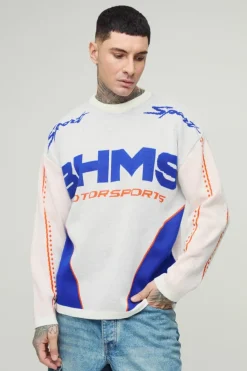Best Sale boohooMAN Tall Oversized Moto Knitted Long Sleeve T-Shirt cobalt