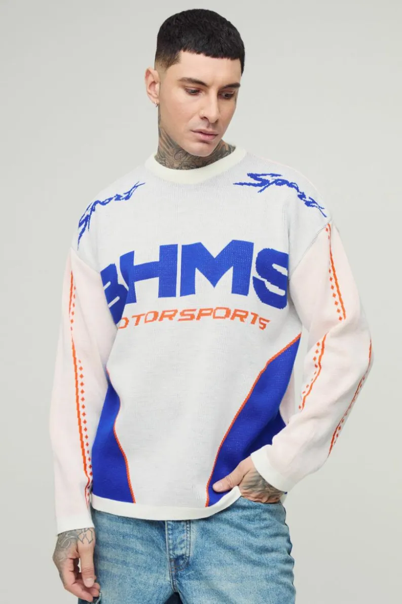 Best Sale boohooMAN Tall Oversized Moto Knitted Long Sleeve T-Shirt cobalt