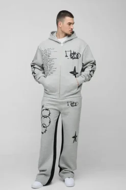Fashion boohooMAN Tall Oversized Multi Placement Graffiti Zip Through Gusset Hooded Tracksuit grey
