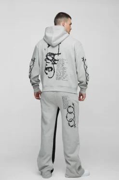 Fashion boohooMAN Tall Oversized Multi Placement Graffiti Zip Through Gusset Hooded Tracksuit grey