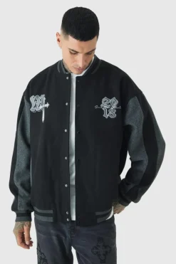 Best Sale boohooMAN Tall Oversized Official Colour Block Varsity Jacket In black