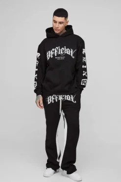 Shop boohooMAN Tall Oversized Official Embroidery Hooded Relaxed Flare Tracksuit black
