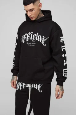 Shop boohooMAN Tall Oversized Official Embroidery Hooded Relaxed Flare Tracksuit black