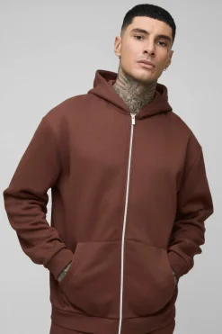 Cheap boohooMAN Tall Oversized Official Varsity Embossed Zip Through Hoodie chocolate
