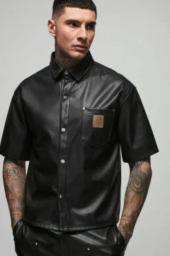 Sale boohooMAN Tall Oversized PU Pocket Detail Shirt black