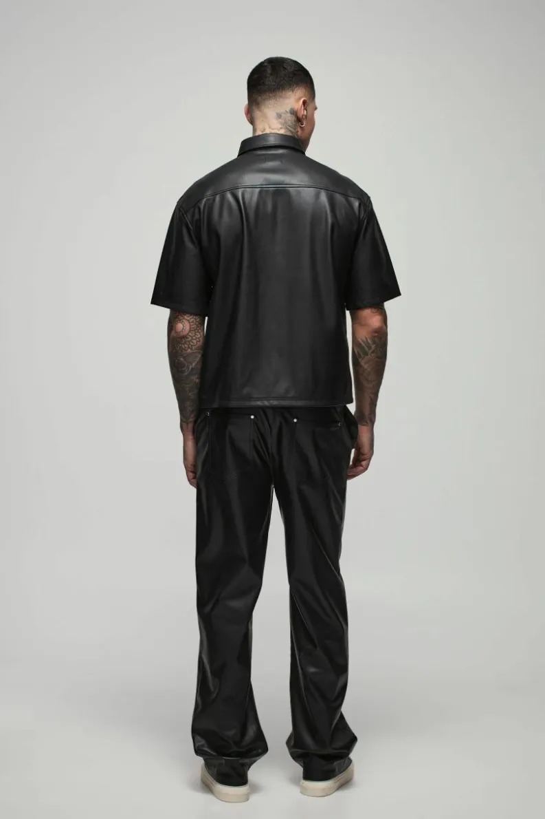 Sale boohooMAN Tall Oversized PU Pocket Detail Shirt black