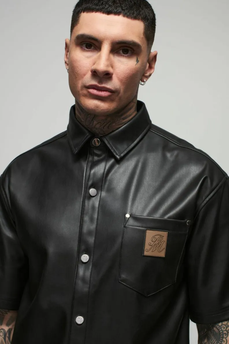 Sale boohooMAN Tall Oversized PU Pocket Detail Shirt black