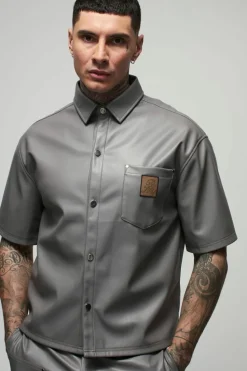 Outlet boohooMAN Tall Oversized PU Pocket Detail Shirt grey