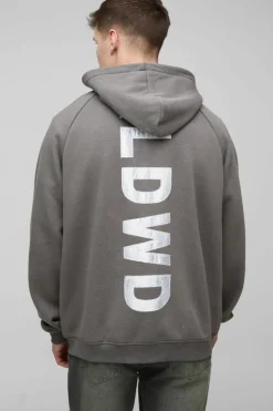 Fashion boohooMAN Tall Oversized Raglan Satin Applique WRLDWD Zip Thru Hoodie charcoal