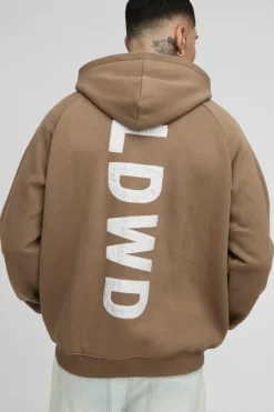 Cheap boohooMAN Tall Oversized Raglan Satin Applique WRLDWD Zip Thru Hoodie brown