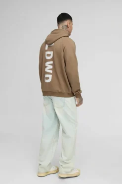 Cheap boohooMAN Tall Oversized Raglan Satin Applique WRLDWD Zip Thru Hoodie brown