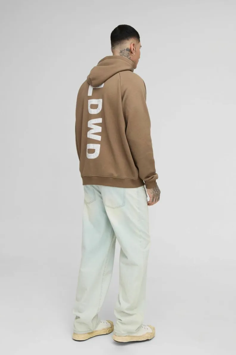Cheap boohooMAN Tall Oversized Raglan Satin Applique WRLDWD Zip Thru Hoodie brown