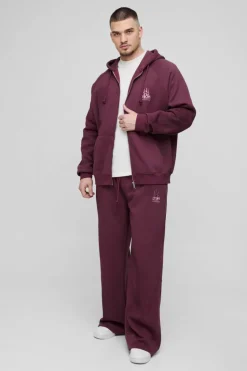 Outlet boohooMAN Tall Oversized Raglan Zip Thru Embroidered Spray Wash Hooded Tracksuit burgundy