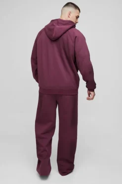 Outlet boohooMAN Tall Oversized Raglan Zip Thru Embroidered Spray Wash Hooded Tracksuit burgundy