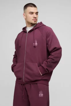 Outlet boohooMAN Tall Oversized Raglan Zip Thru Embroidered Spray Wash Hooded Tracksuit burgundy