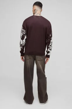 Sale boohooMAN Tall Oversized Renaissance Face Knit Jumper chocolate
