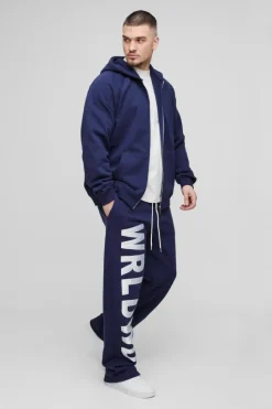 Online boohooMAN Tall Oversized Satin Applique WRLDWD Hooded Relaxed Jogger Tracksuit navy