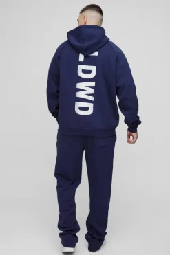 Online boohooMAN Tall Oversized Satin Applique WRLDWD Hooded Relaxed Jogger Tracksuit navy