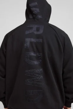 Online boohooMAN Tall Oversized Satin Applique WRLDWD Hooded Relaxed Jogger Tracksuit black