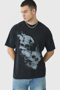 Flash Sale boohooMAN Tall Oversized Skull Acid Wash T-Shirt charcoal