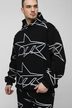 Online boohooMAN Tall Oversized Star All Over Printed Gusset Flare Hooded Tracksuit black