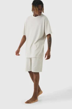 Sale boohooMAN Tall Oversized Waffle Lounge Short Set In grey