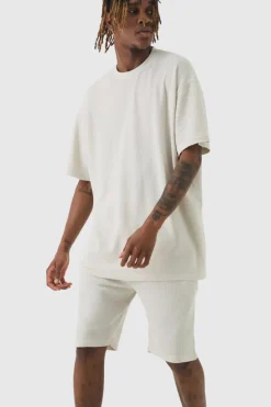 Sale boohooMAN Tall Oversized Waffle Lounge Short Set In grey