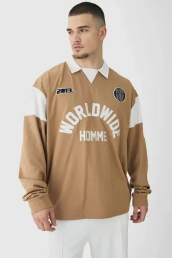 New boohooMAN Tall Oversized Worldwide Applique Rugby Polo brown