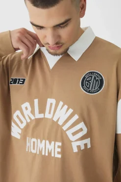 New boohooMAN Tall Oversized Worldwide Applique Rugby Polo brown
