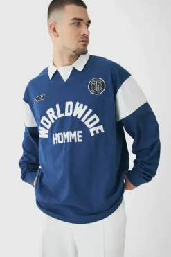 Hot boohooMAN Tall Oversized Worldwide Applique Rugby Polo navy