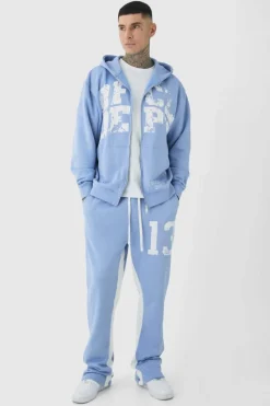 Shop boohooMAN Tall Oversized Zip Through OFCL Gusset Hooded Tracksuit blue