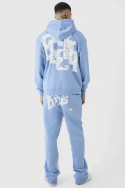 Shop boohooMAN Tall Oversized Zip Through OFCL Gusset Hooded Tracksuit blue